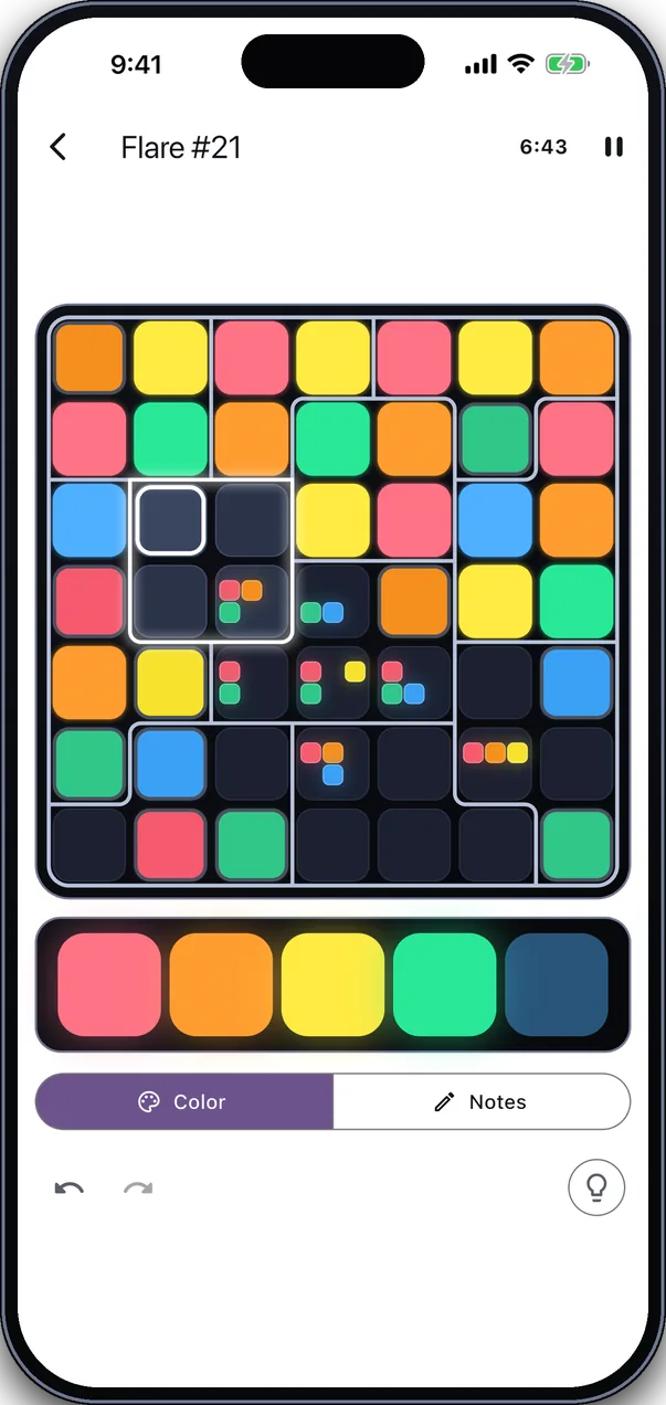 A Chromaru puzzle half lit with glowing colored panes, one empty pane selected