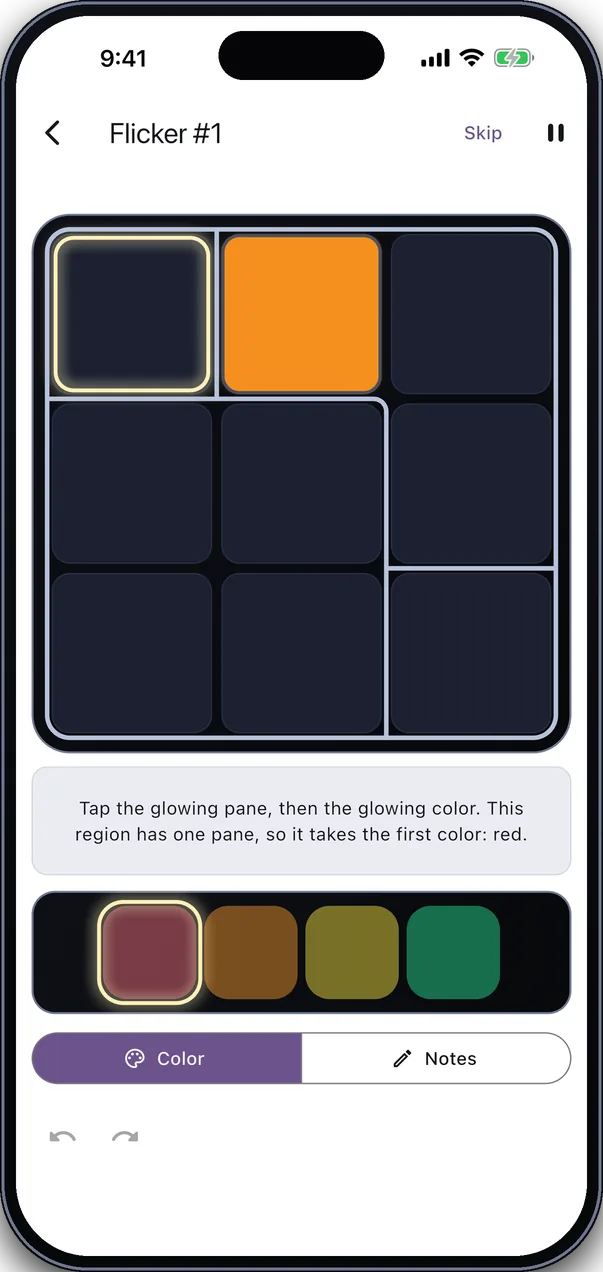 The tiny first board that teaches the rules, with the pane and color to tap glowing