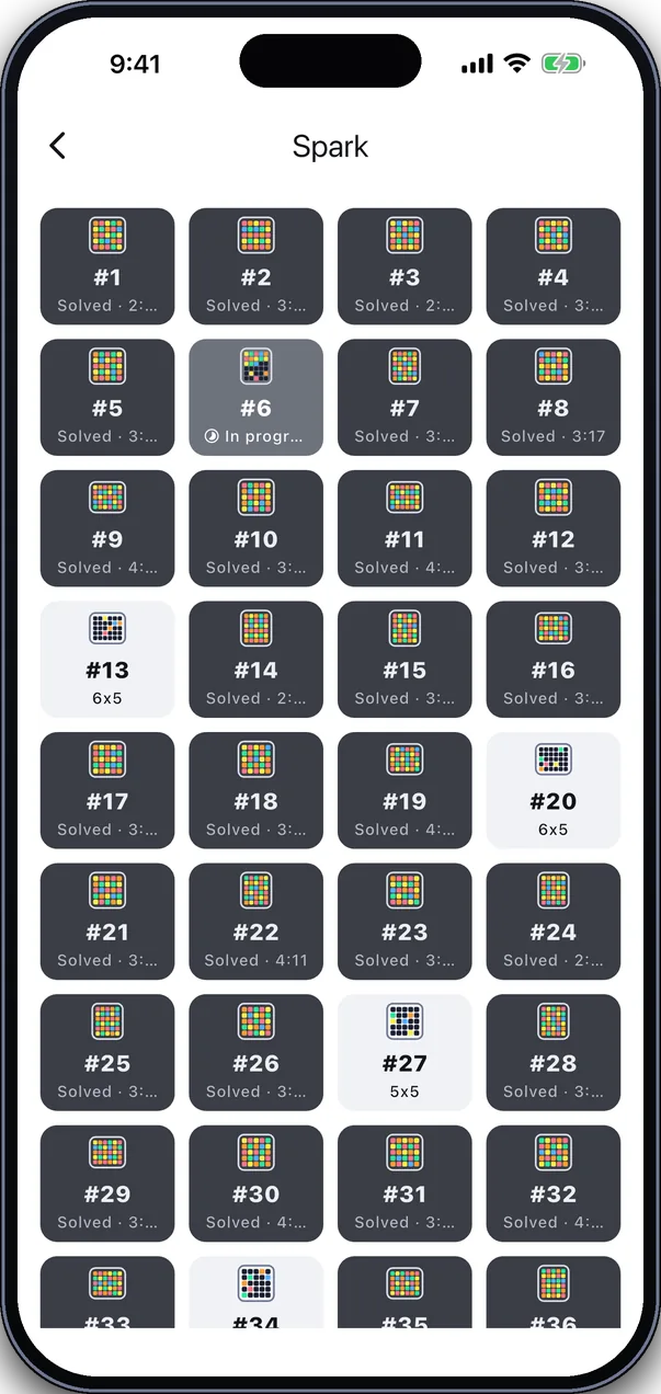 A list of Spark puzzles, most solved with their times, one in progress