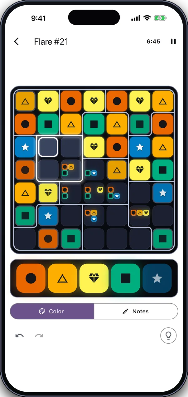 A puzzle with the color-blind friendly palette and a symbol on every pane
