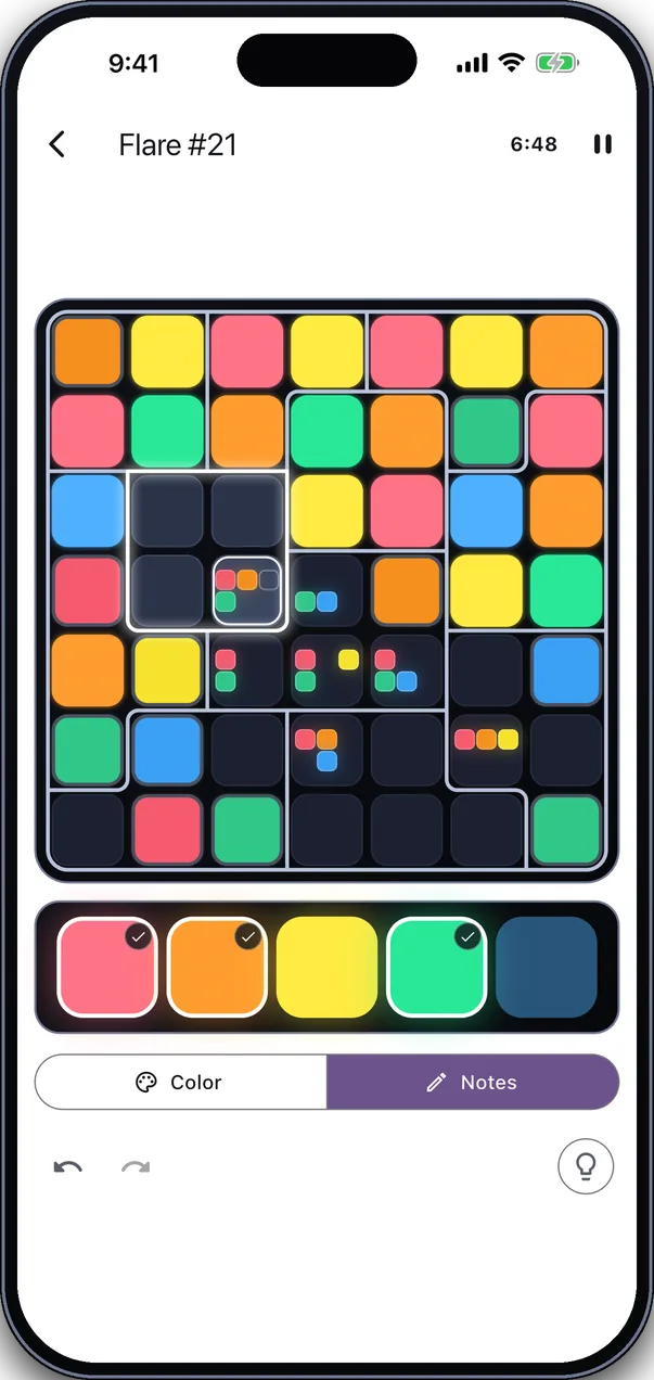 A puzzle in Notes mode with colored notes pencilled into an empty pane