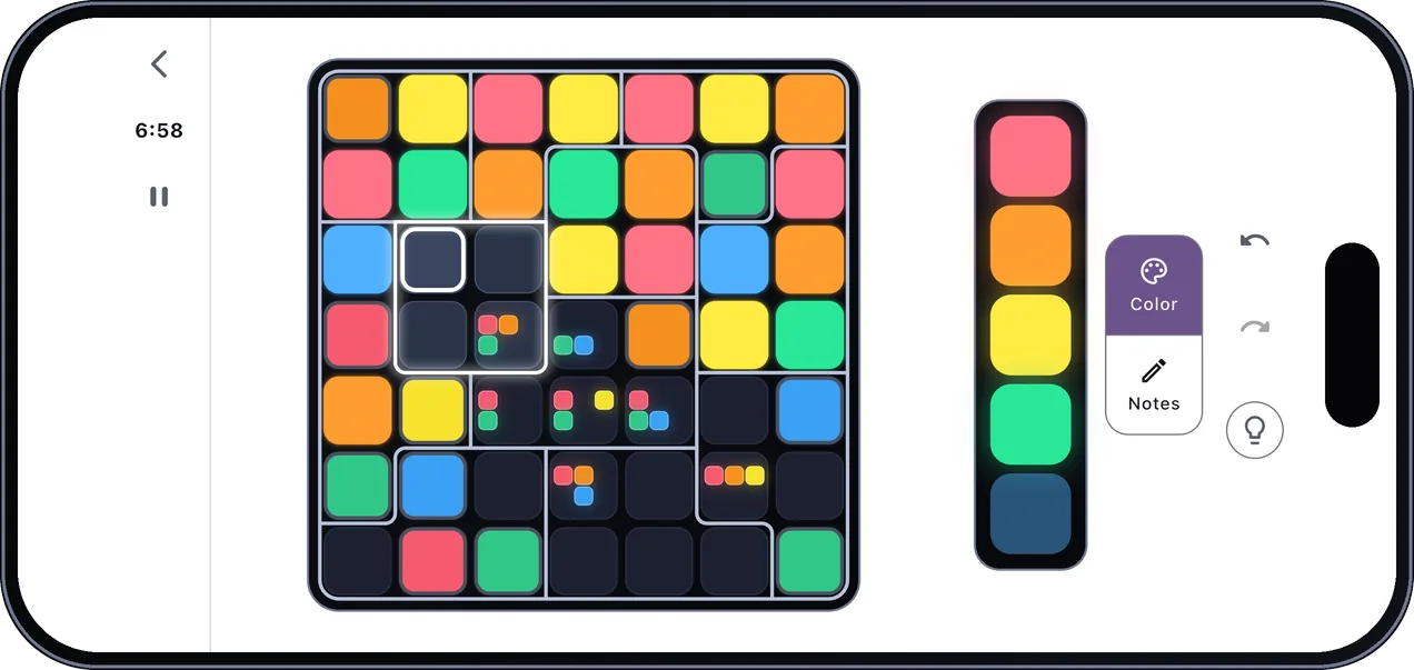 A phone turned on its side: a half-lit Chromaru puzzle on the left, the color palette and the Color and Notes switch on the right